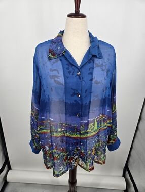 ARTSCAPES Blue Panorama Scenic Print Semi Sheer Shirt Size 1X (6808)